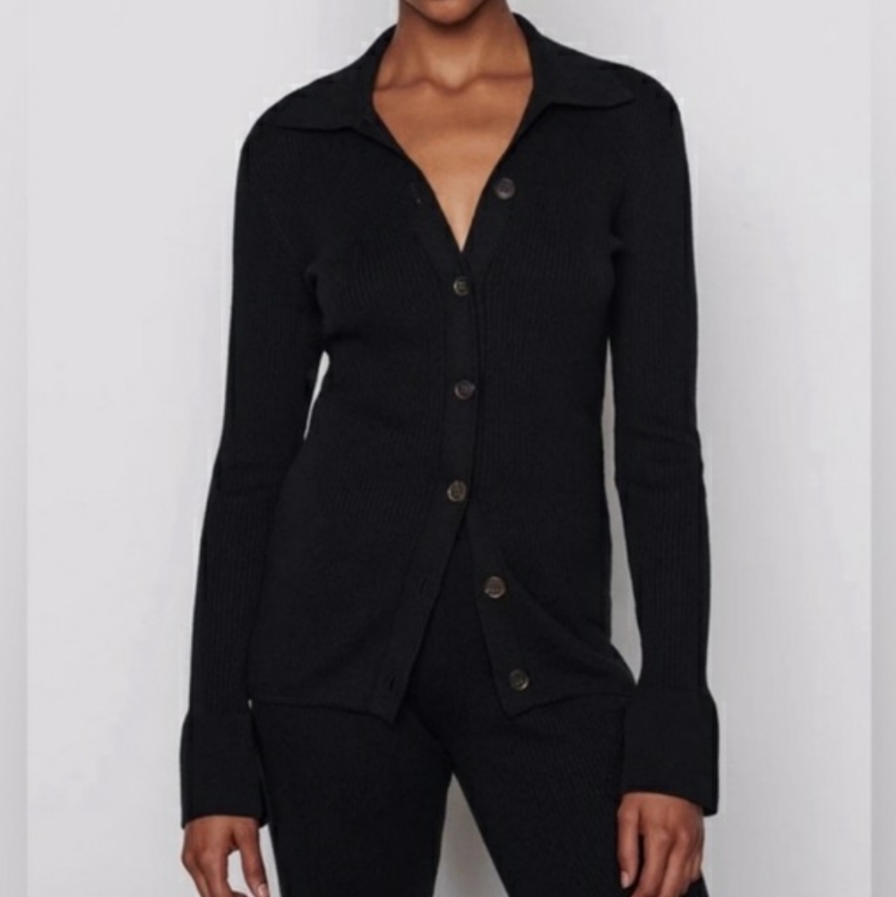 FRAME Denim Slim Ribbed Cardigan In Noir Size Large